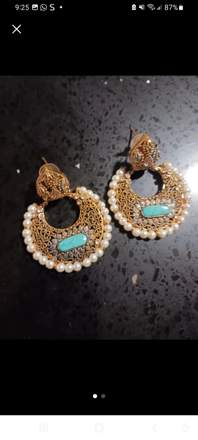 Gold Tone Hoop Earrings with Pearls and Turquoise Stones - photo 3
