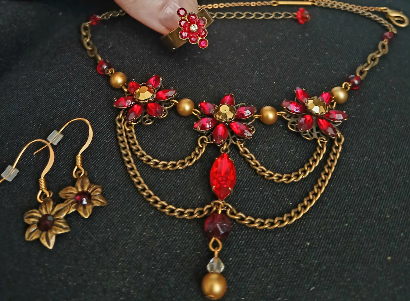Red Stone Flower Necklace, Ring, and Earring Set