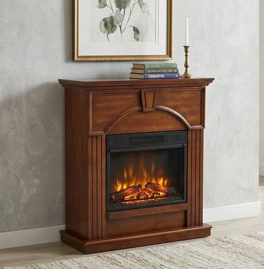 Twin-Star Electric Fireplace Heater w/ Wood Mantel Cabinet.