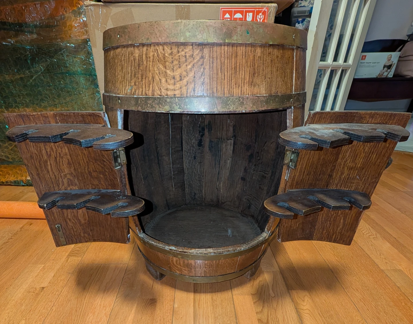 Vintage EXFA novelty mini barrel bar cabinet