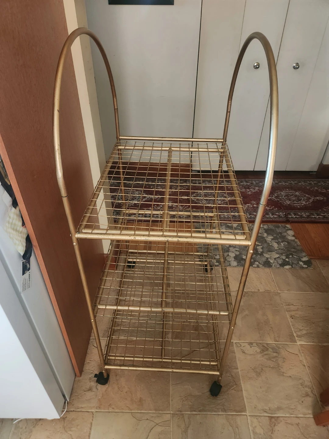 Vintage Gold Metal Rolling Bar Cart with Locking Mechanism - photo 5