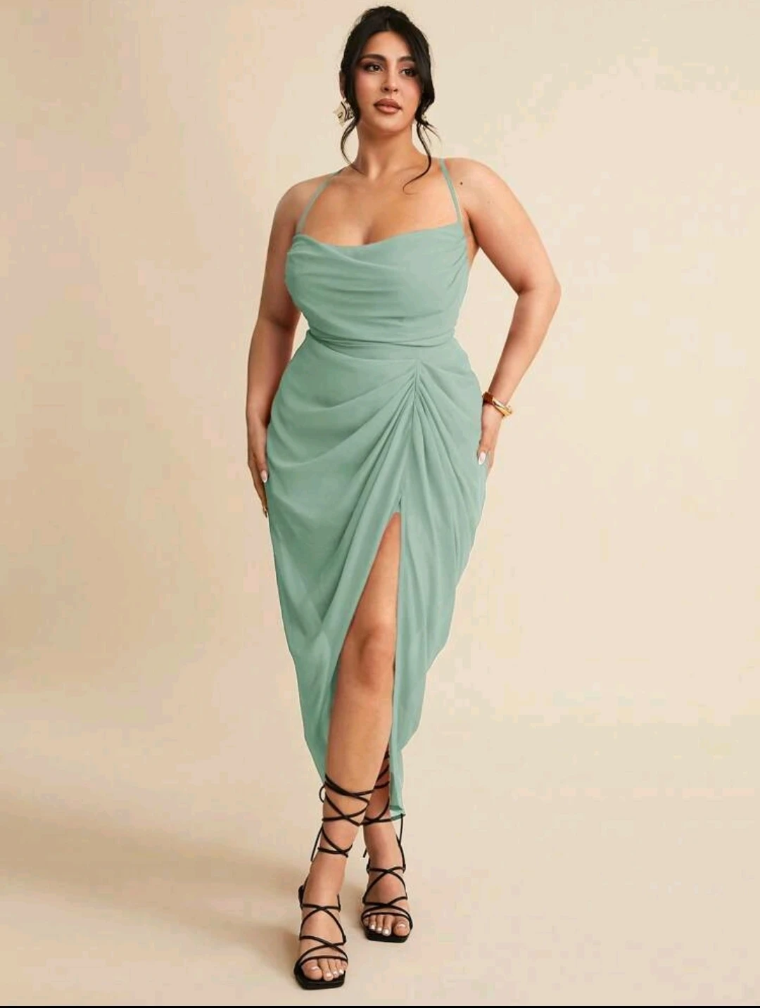 Shein Curve Mint Green Ruched Strappy Dress