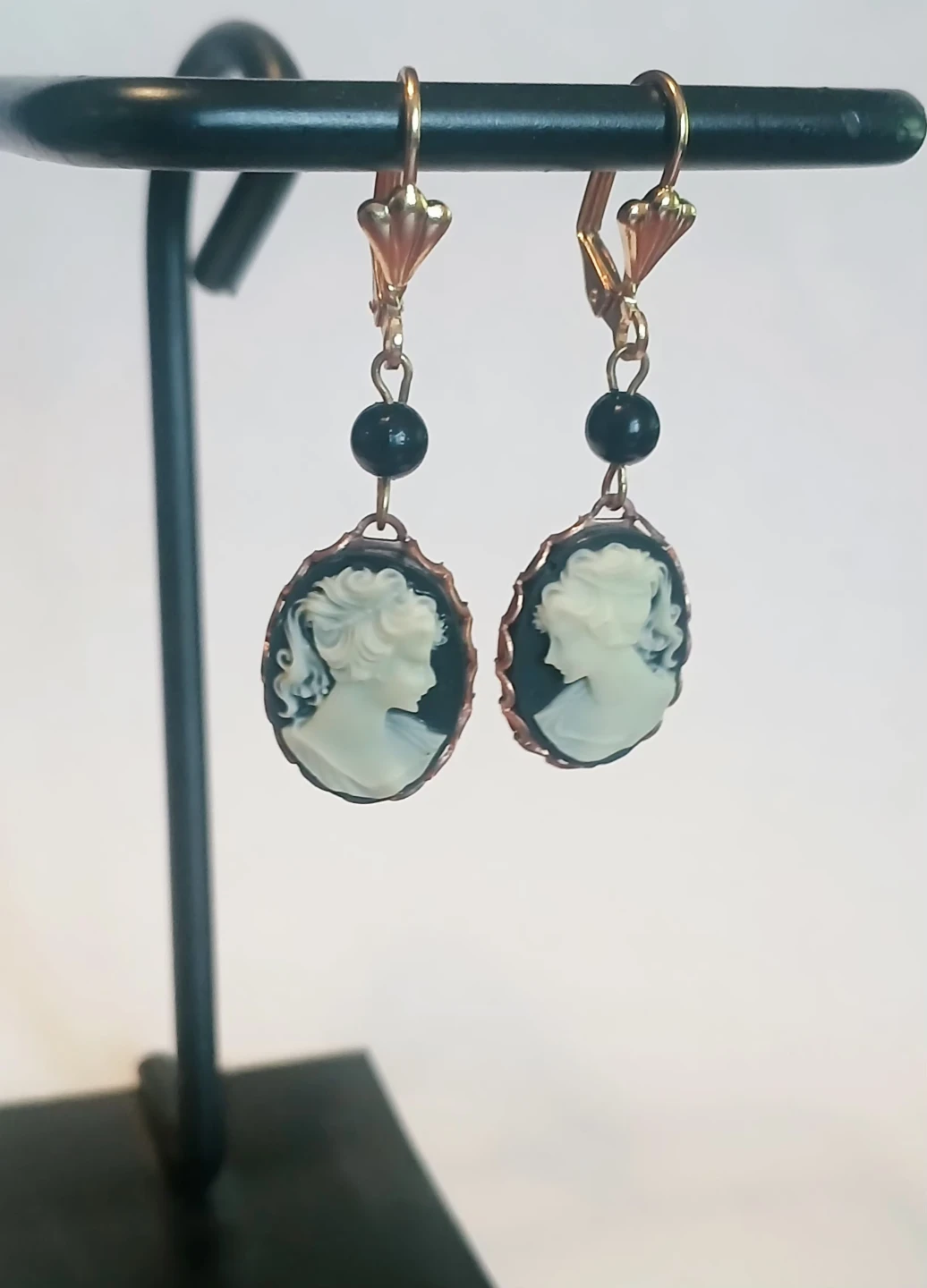 Cameo Drop Earrings with Black Beads