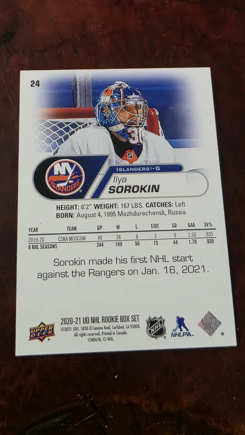 Ilya Sorokin 2020-21 Upper Deck NHL Rookie Box Set Hockey Card - photo 2