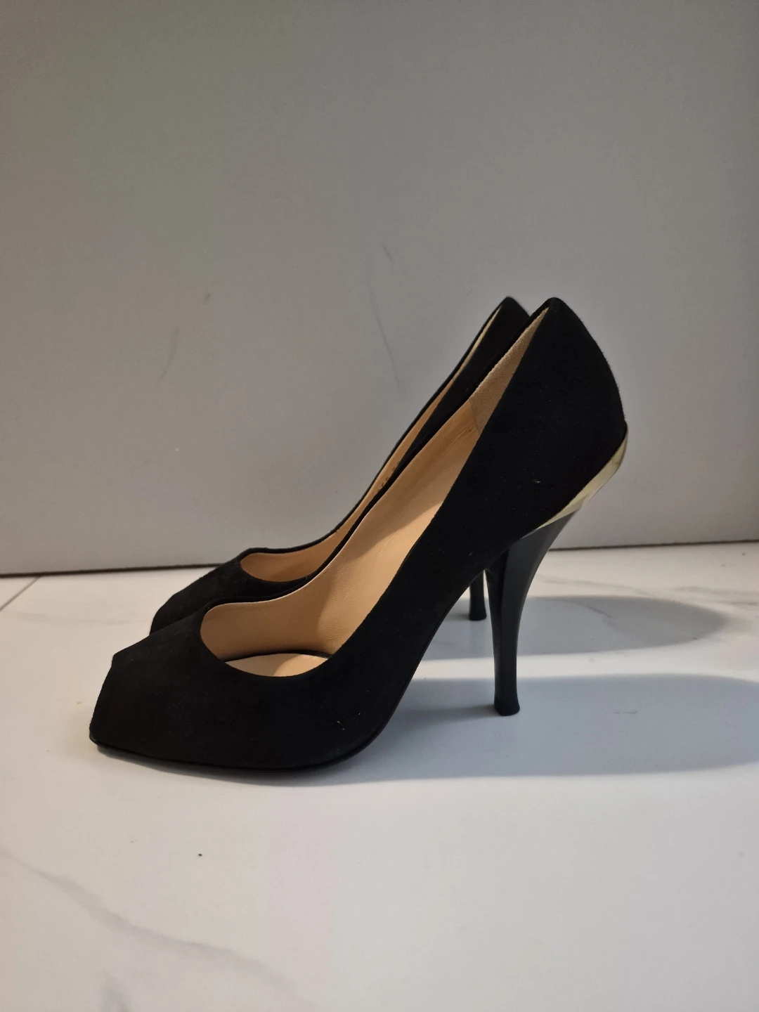 Vicini Black Suede Peep-Toe Heels