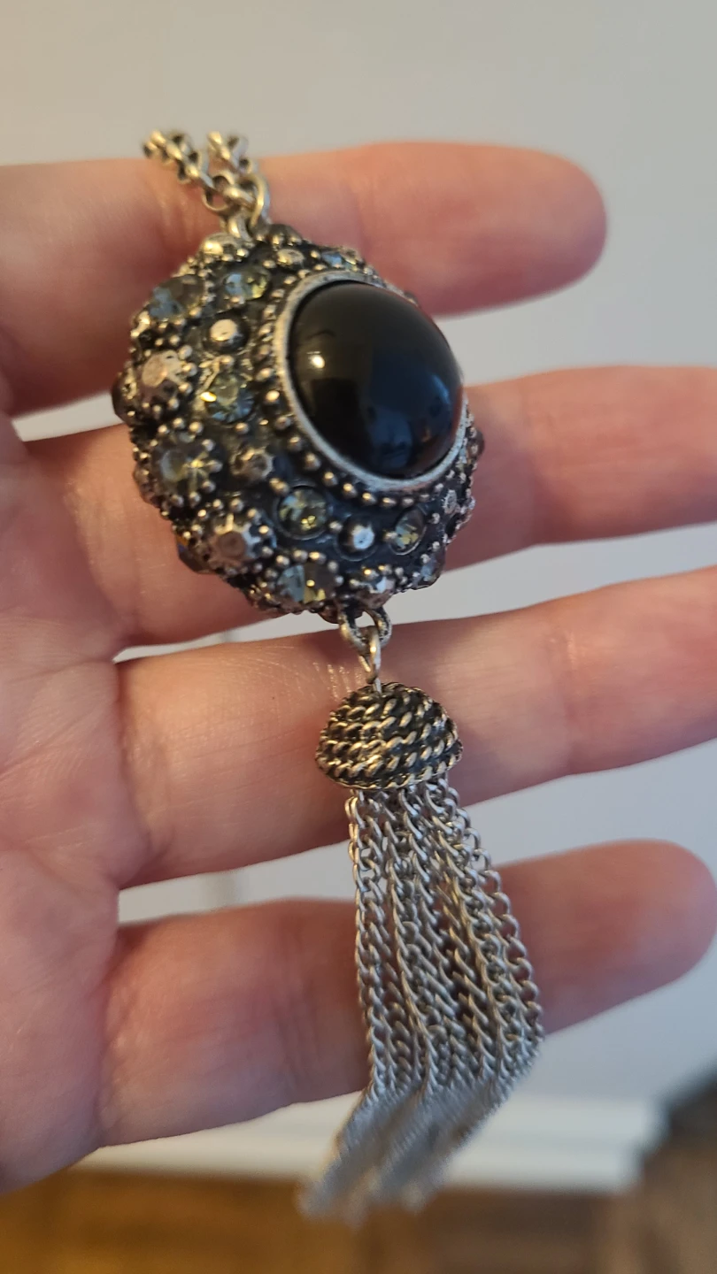 Silver-tone Pendant Necklace with Black Stone and Tassel - photo 3