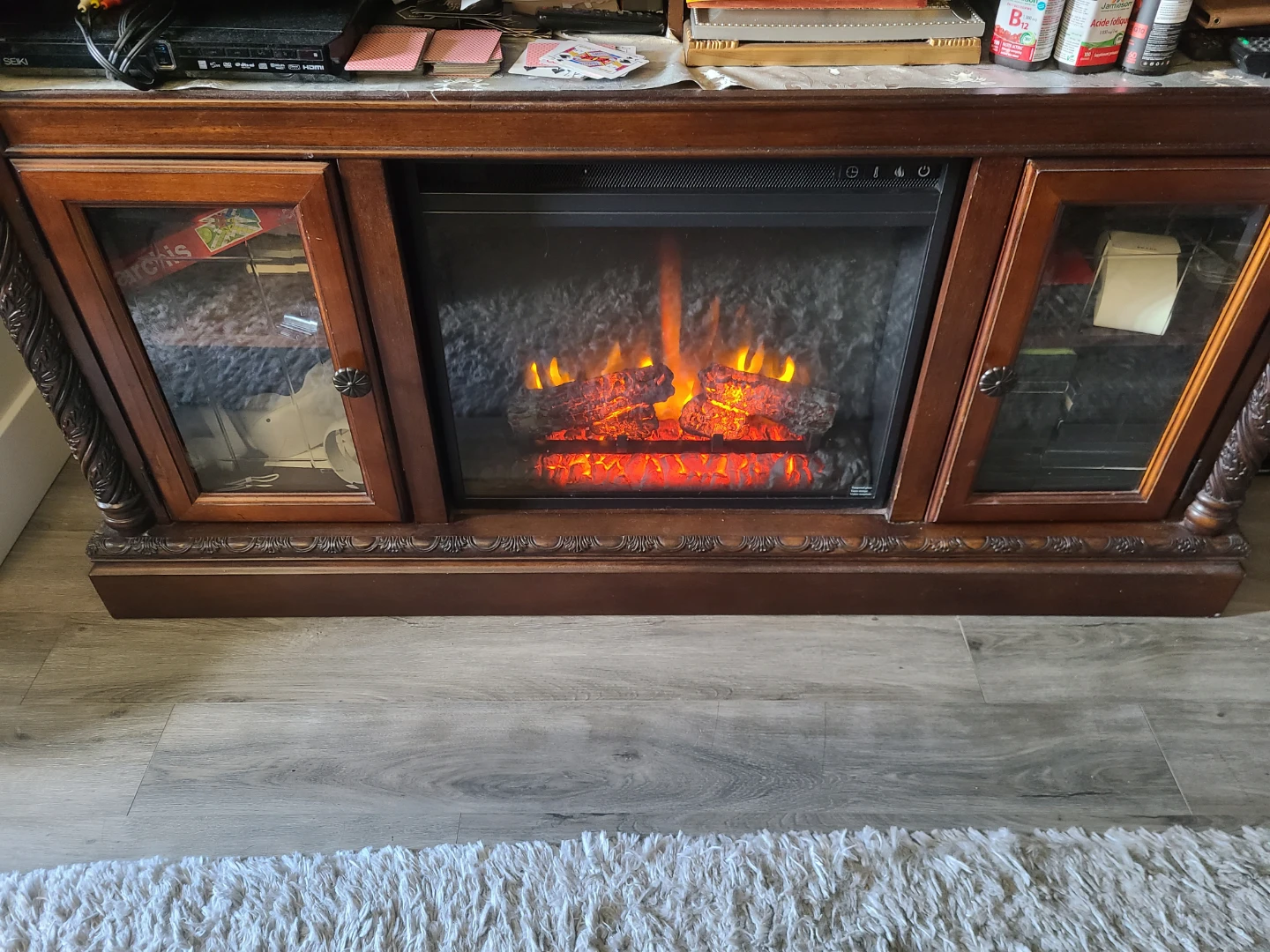 Dark Wood Electric Fireplace TV Stand with Glass Doors