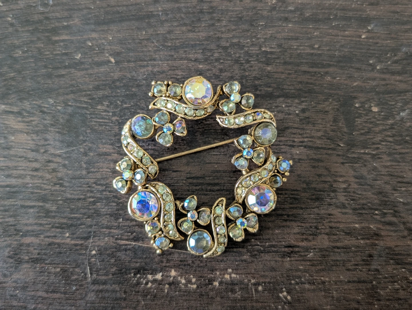 Gold-tone Wreath Brooch with Rhinestones