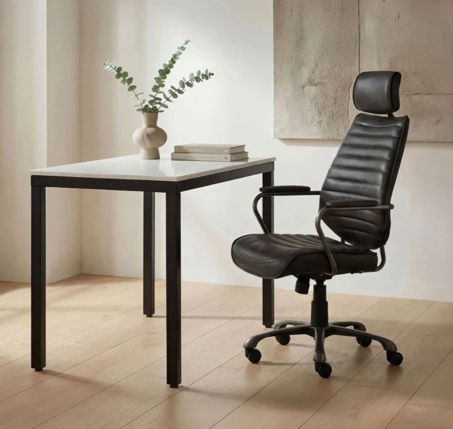 White Reak Marble Top  Small Desk with Black Metal Frame