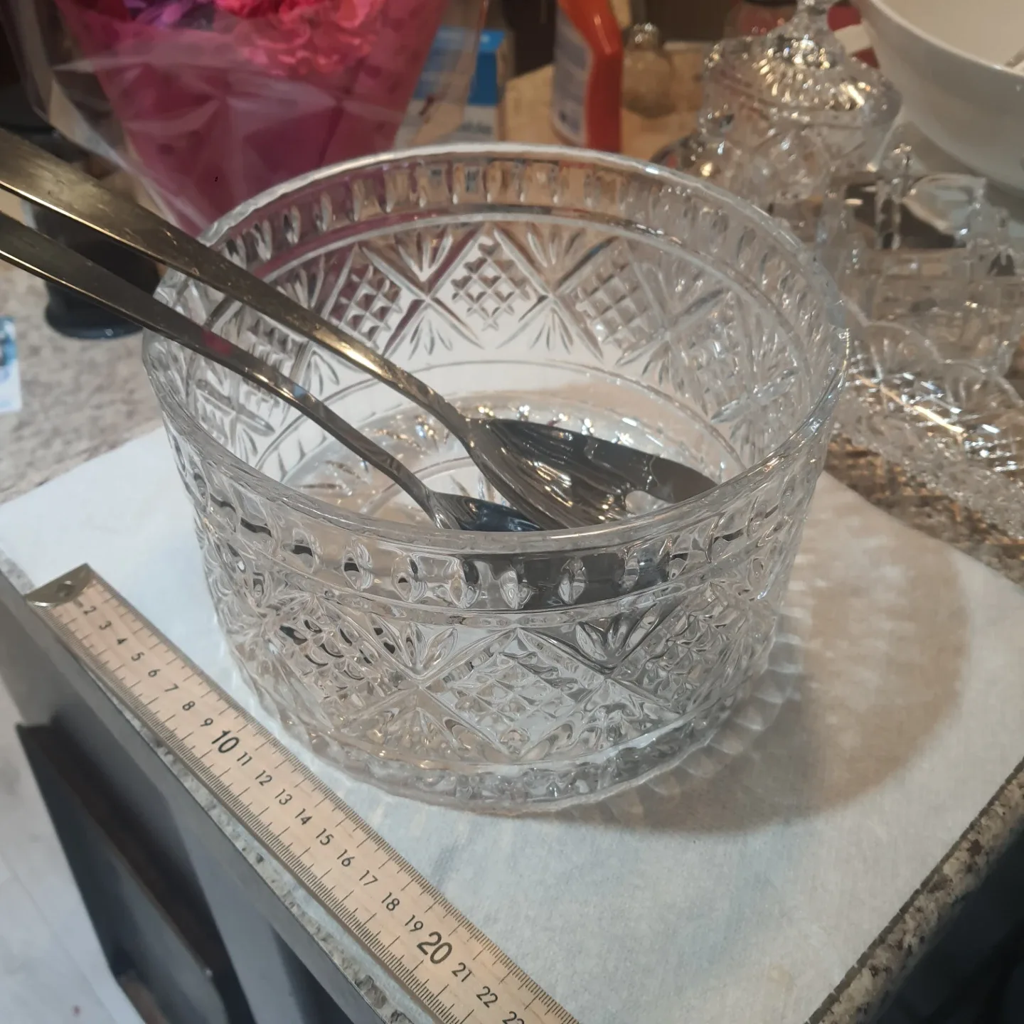 Solid Crystal Salad Bowl with Servers