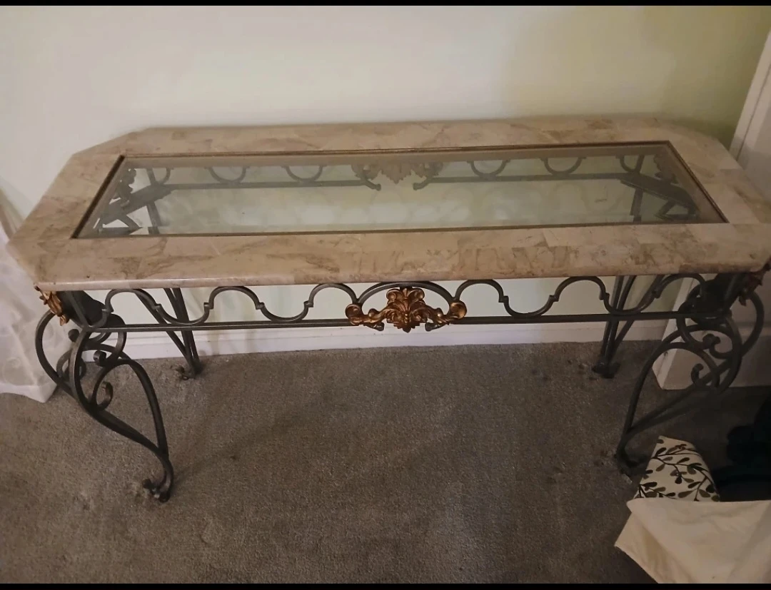 Console Table with Marble Top and Glass Insert