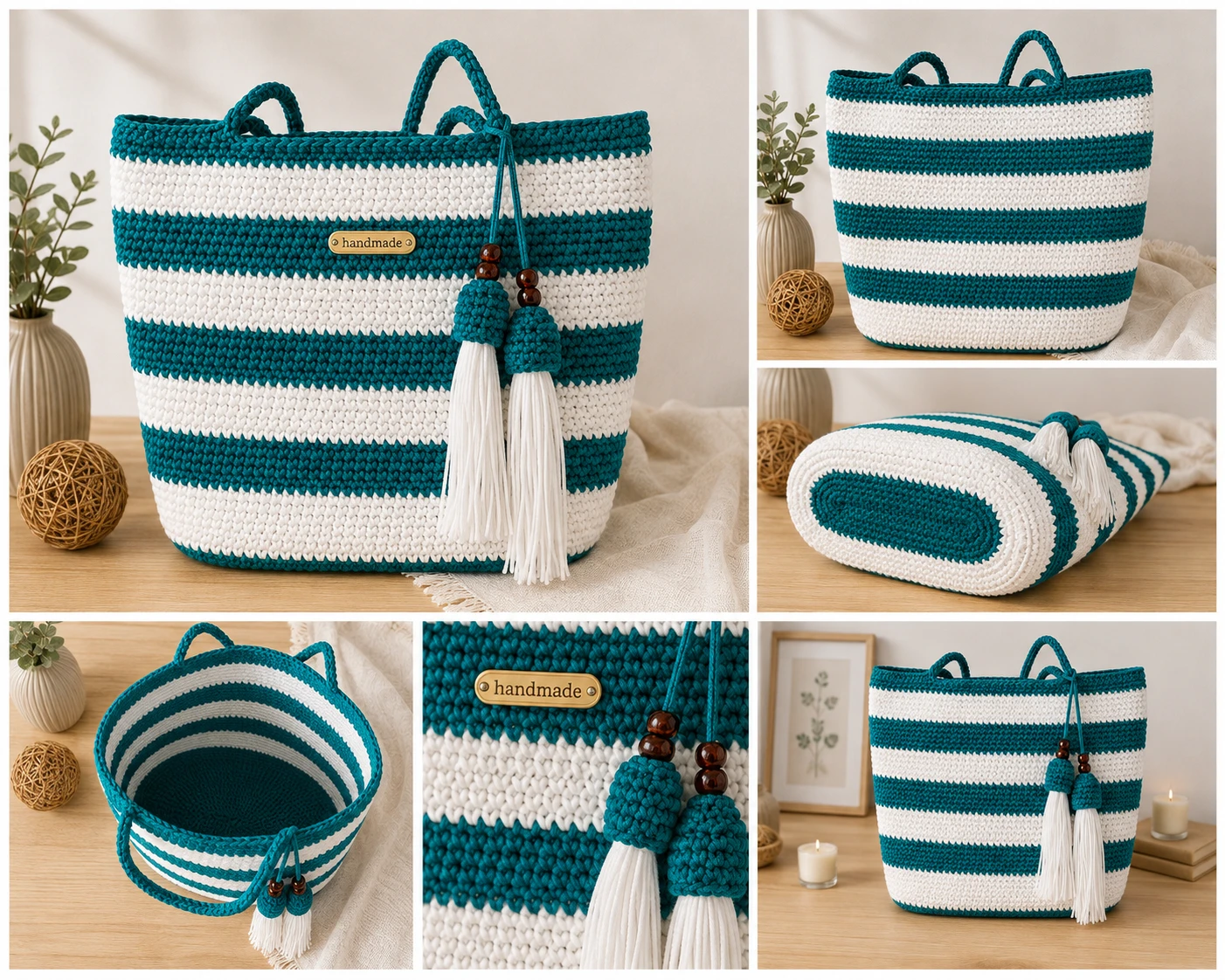 Handmade Crochet Tote Bag – Green & White | Polypropylene Yarn