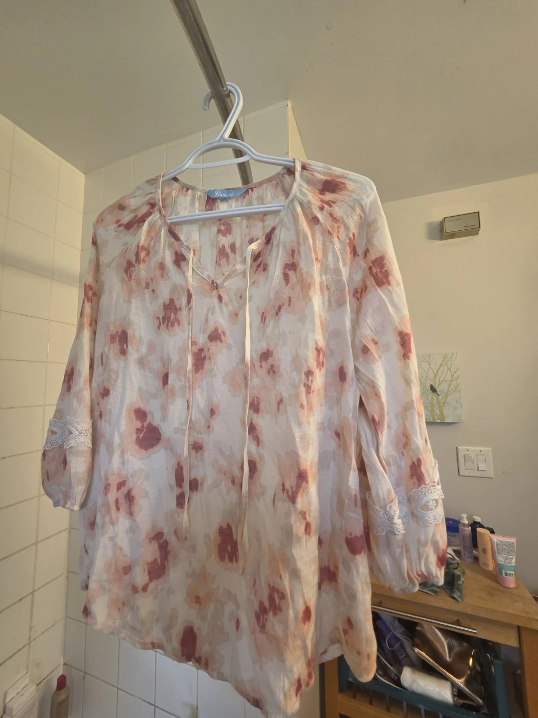 White & Pink Floral Blouse with Lace Accents