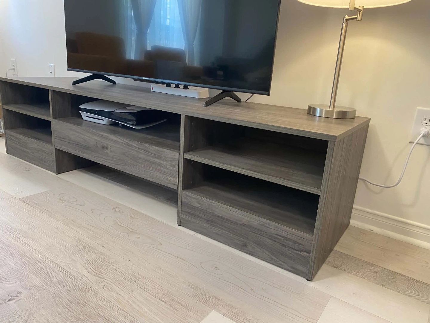 Grey Wood TV Stand with Drawer and Shelves - photo 4