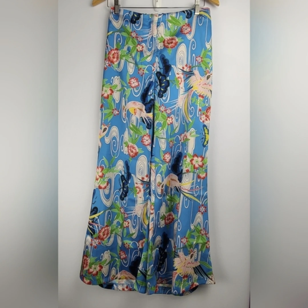 Zara Satin Blue Floral Wide Leg Pants - photo 3
