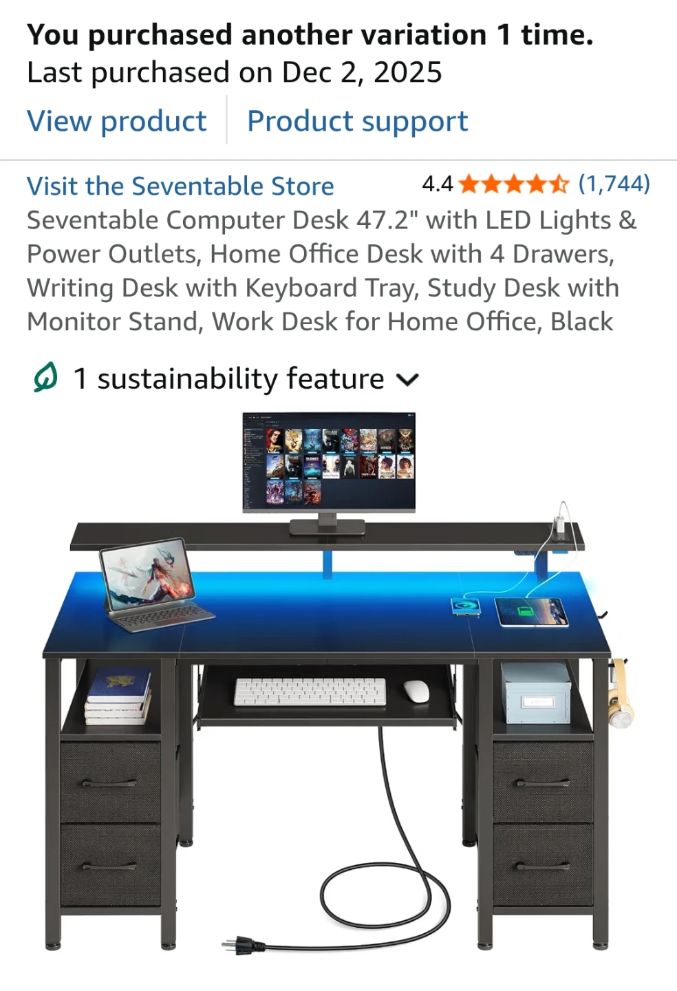 Seventable Computer Desk 47.2" with LED Lights and Power Outlets