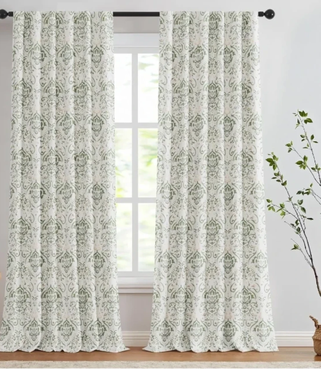 Damask Pattern Curtains - Green and White