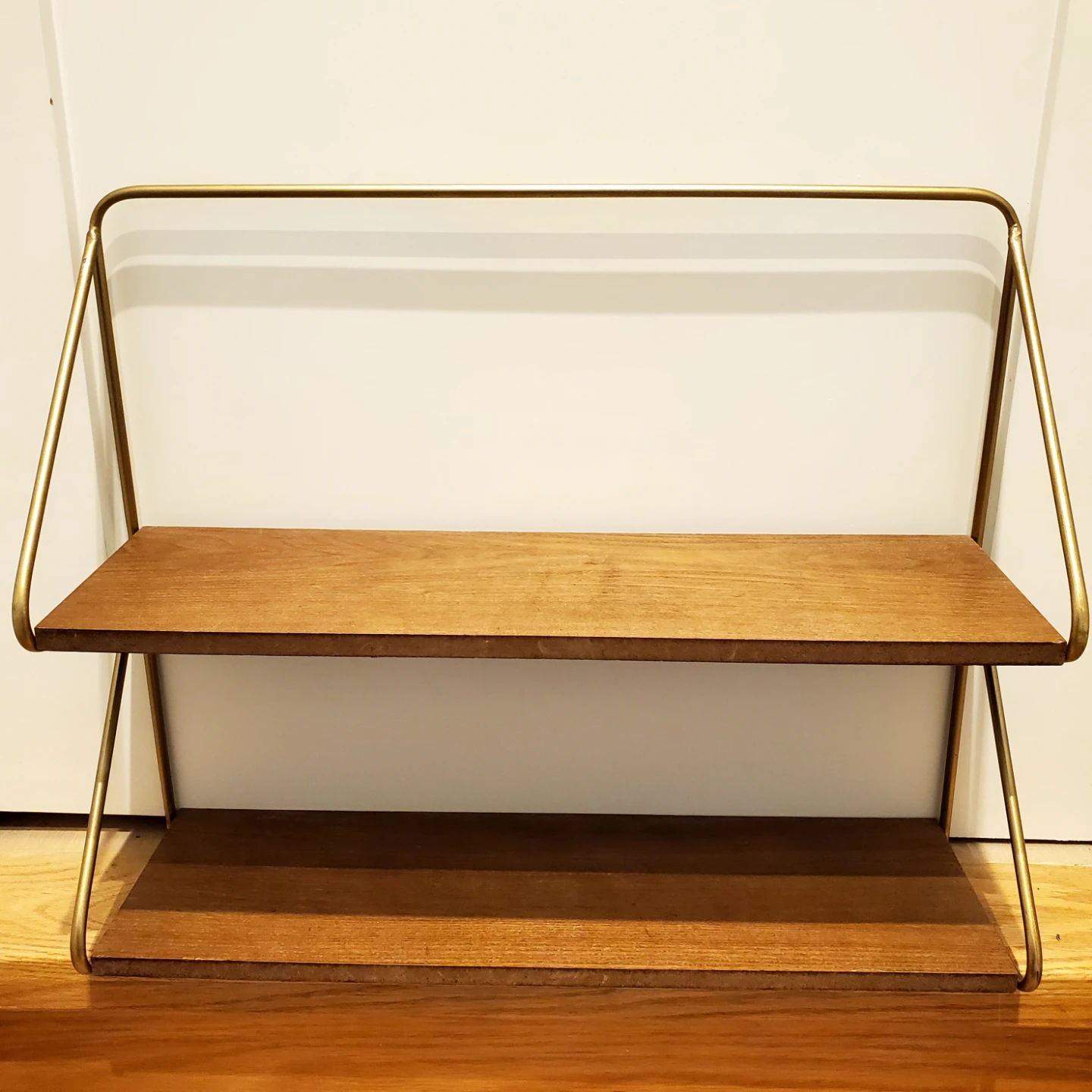 Two-Tiered Wooden Wall Shelf with Gold Metal Frame