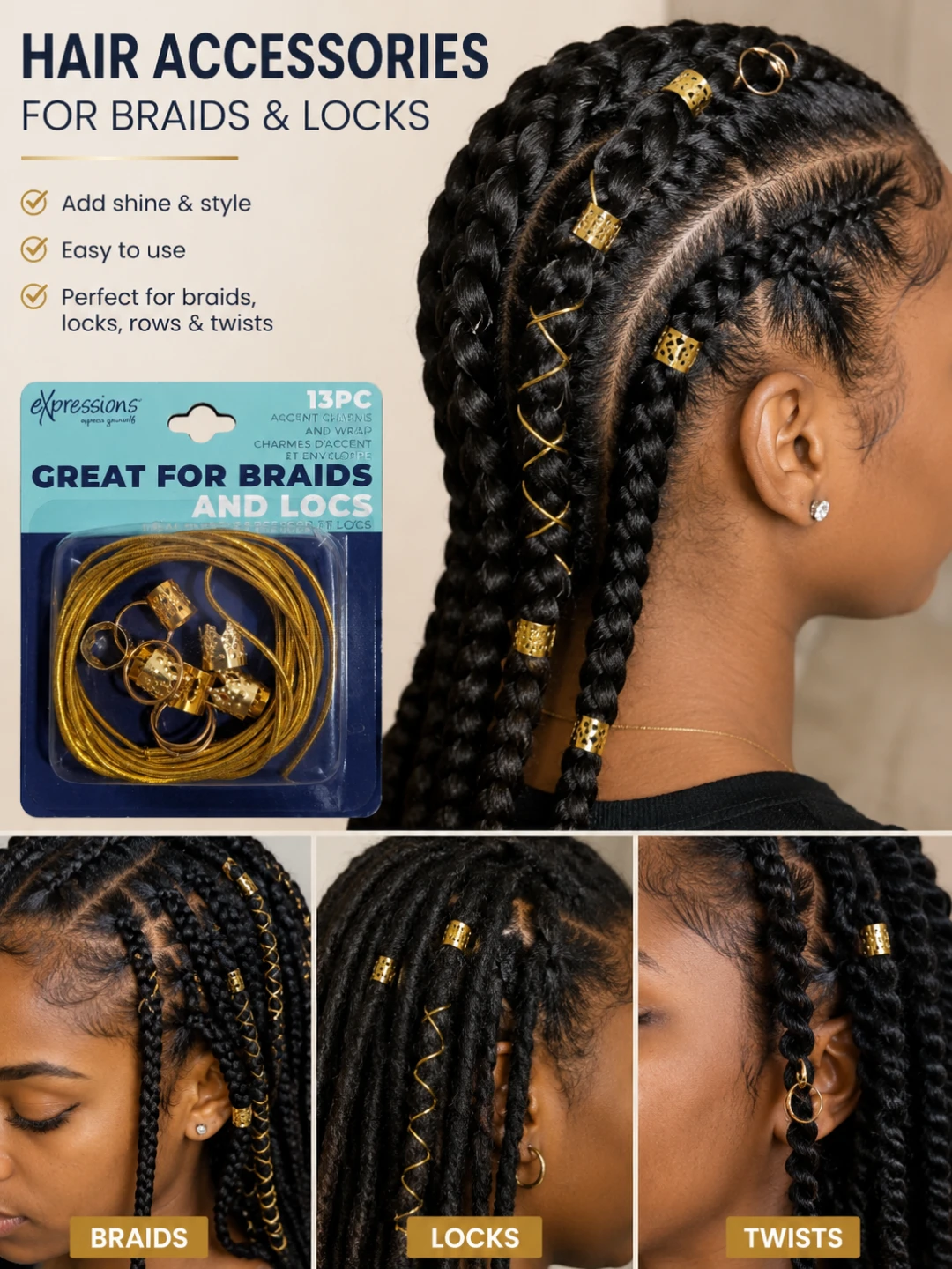 Expressions 13PC Gold Accent Charms & Wrap for Braids & Locs