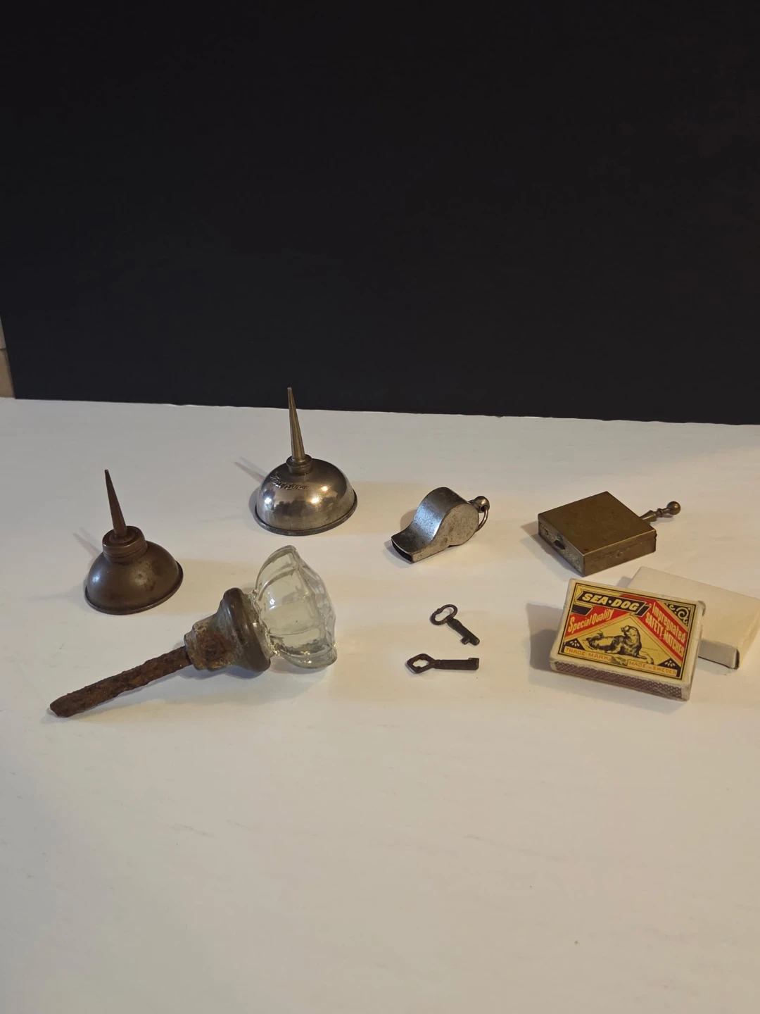 Vintage Oil Cans, Whistle, and Matchbox Lot