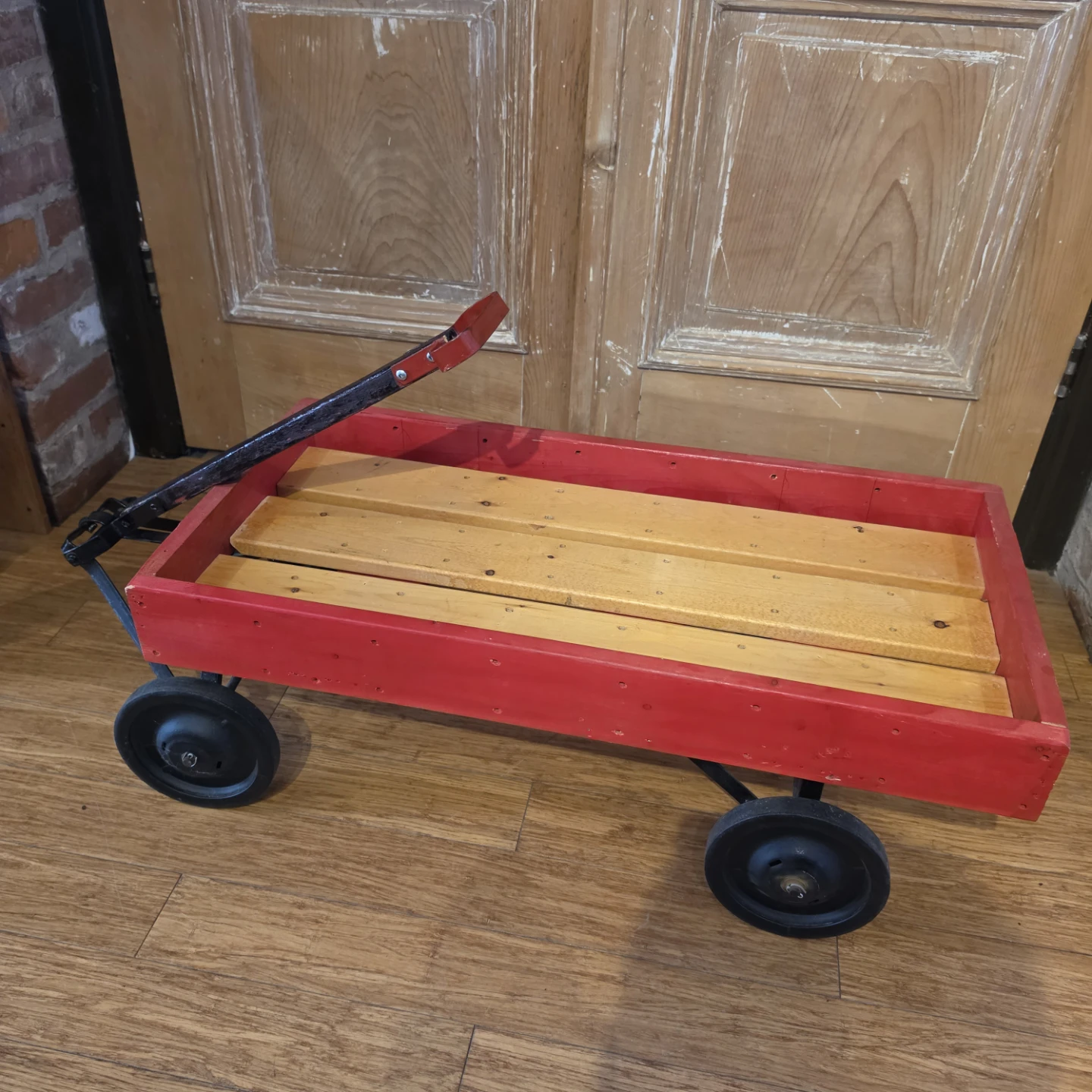 Red Wooden Wagon with Black Handle