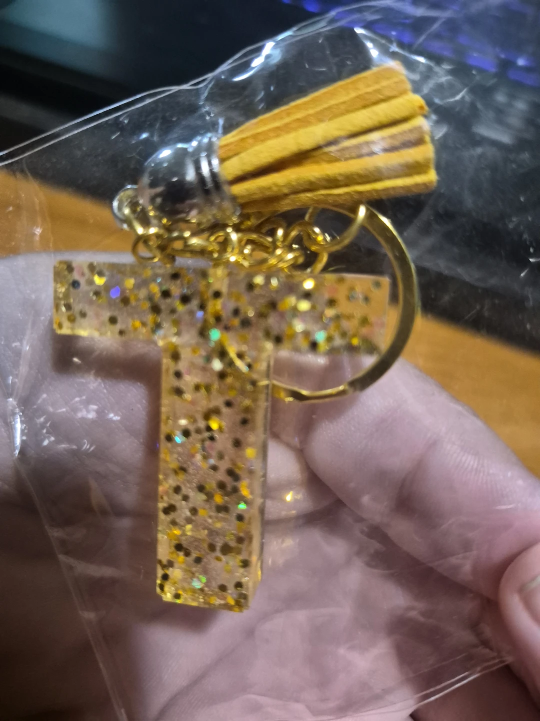 Letter T Keychain with Glitter and Tassel