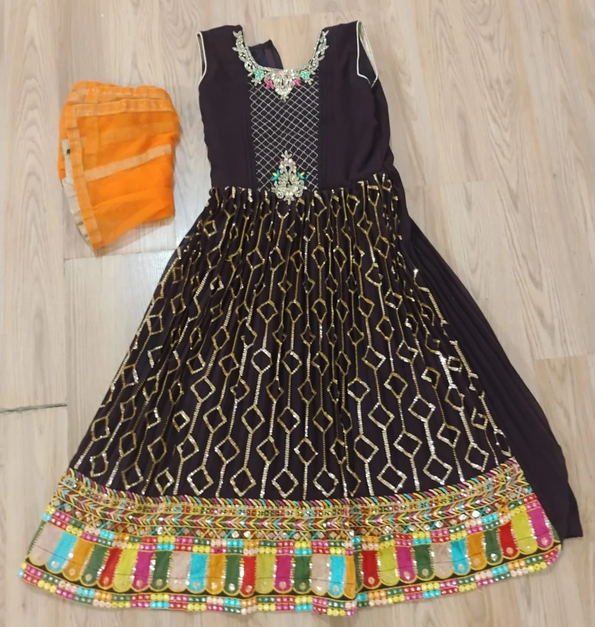 Brown sequined dress with orange dupatta (Ethnic wear)