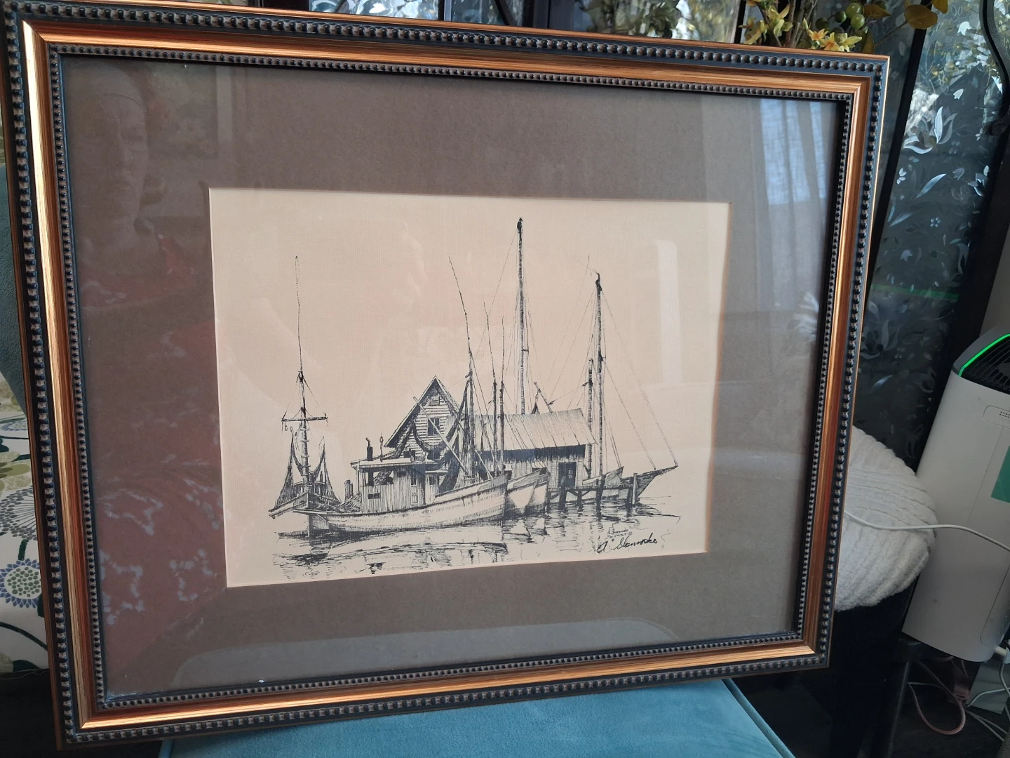 Framed "Boats at Dock" Sketch by A. Shemroske - Feb 1969 - photo 4