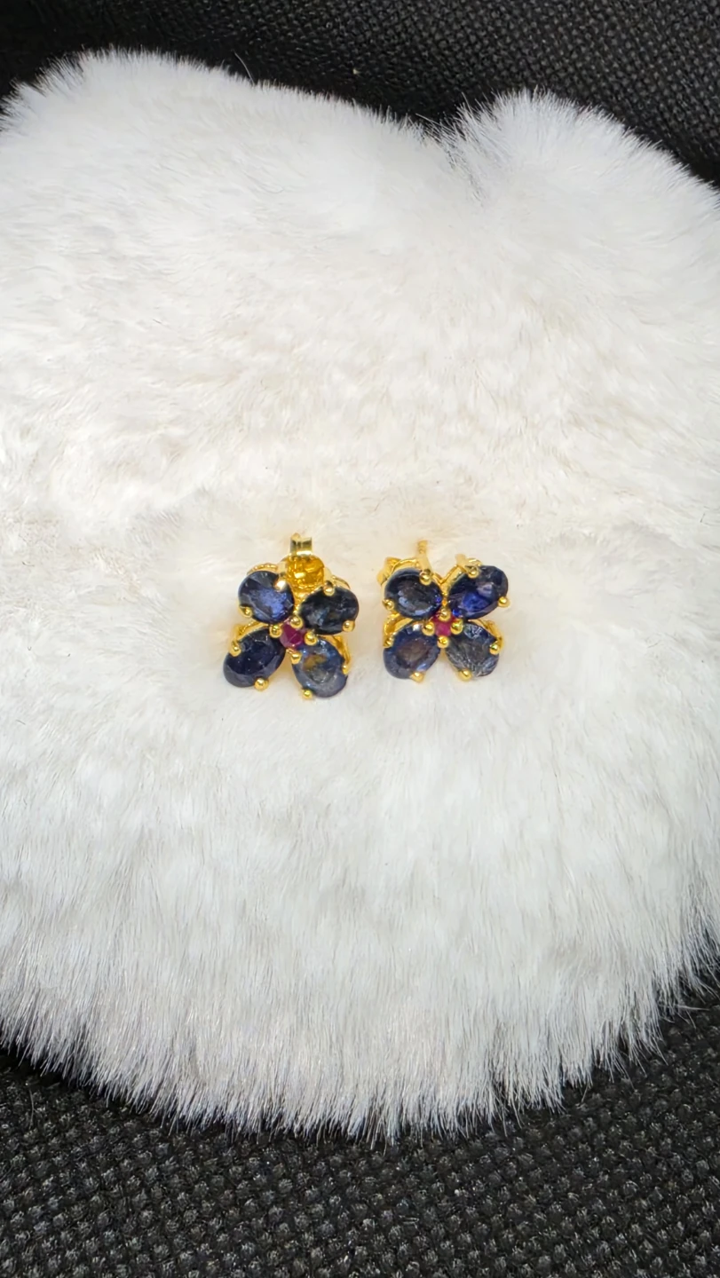 18K Gold-Plated Emerald & Ruby Flower Stud Earrings - photo 2