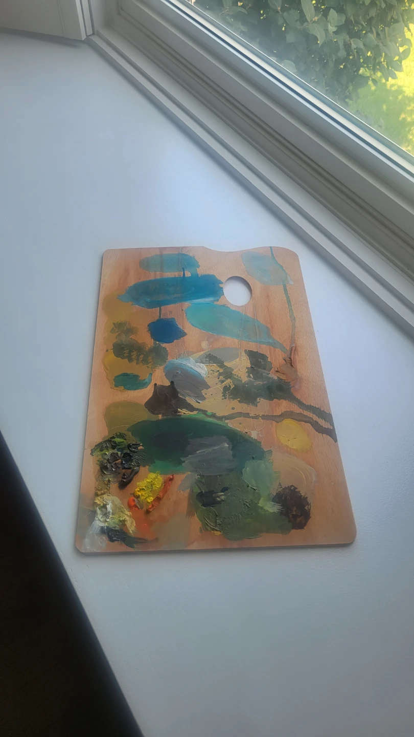 Wooden Artist Painting Palette with Oil Paint Remnants.art.