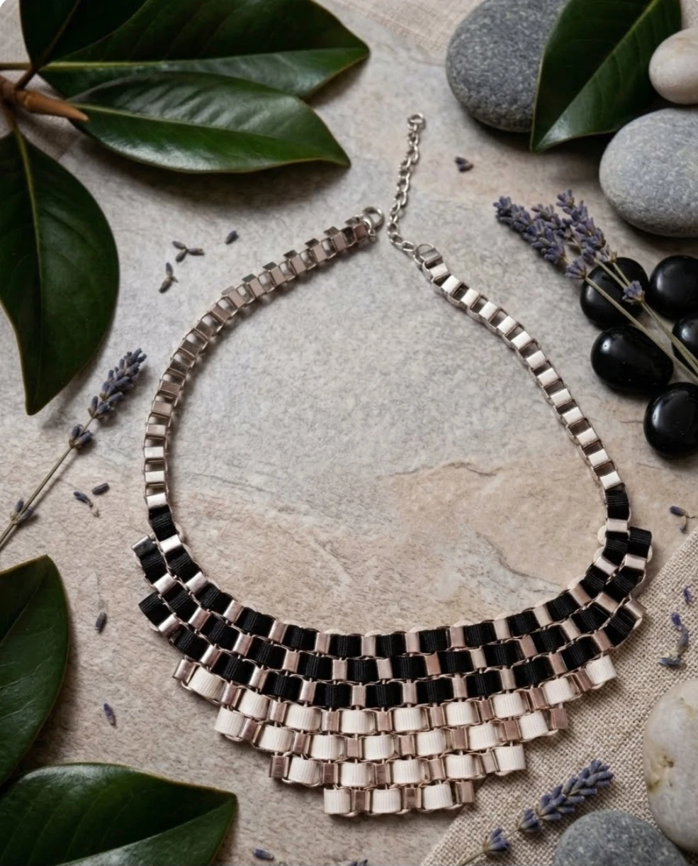 Black and White Woven Ribbon Necklace