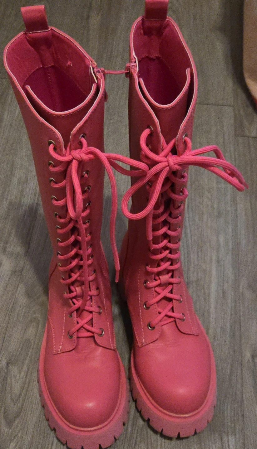 Pink Lace-Up Knee-High Boots