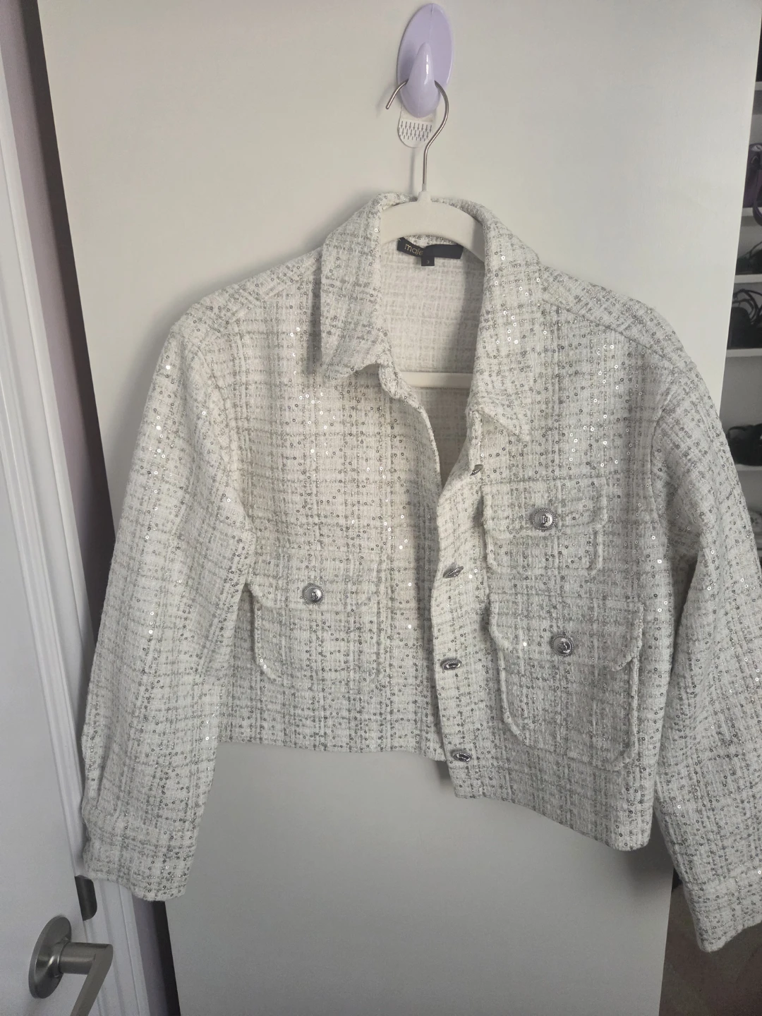 Maje White Sequin Tweed Jacket Size 3