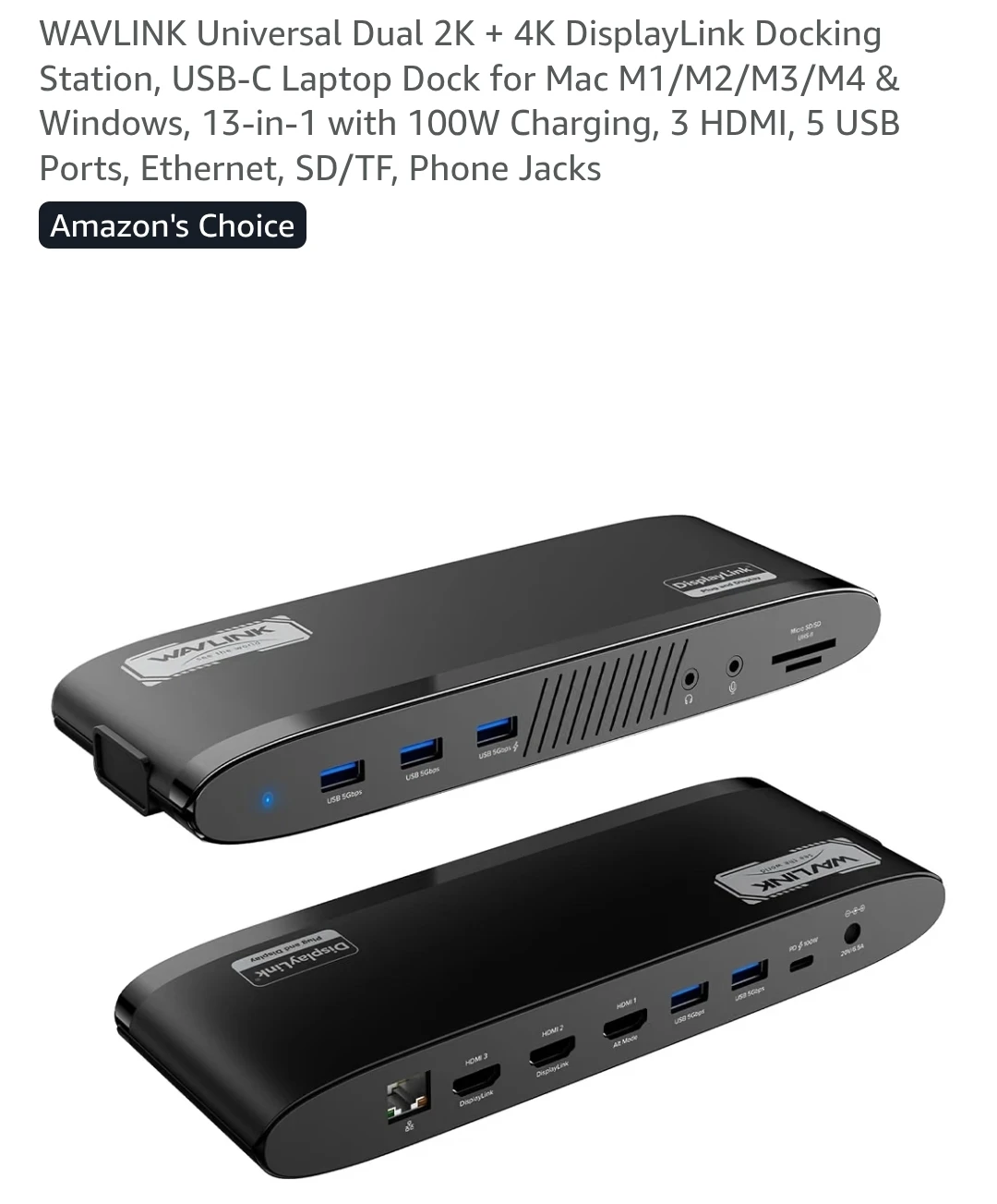 WAVLINK Universal Dual 2K + 4K DisplayLink Docking Station