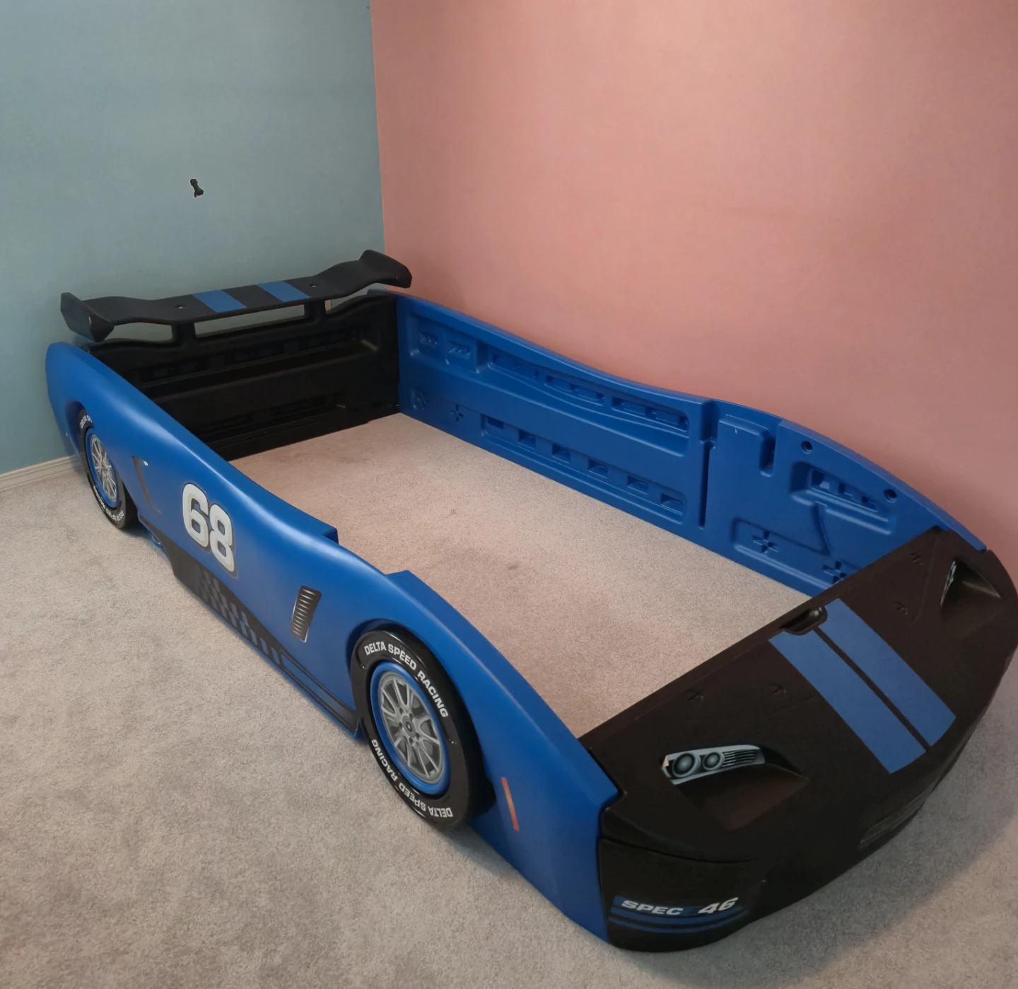 Blue race car twin bed frame