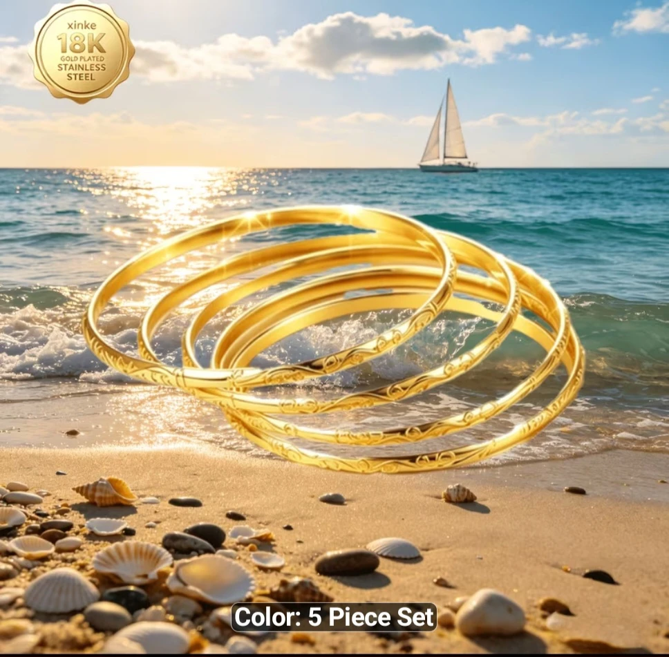 Xinke 18K Gold Plated Stainless Steel Bangles - 5 Piece Set - photo 5