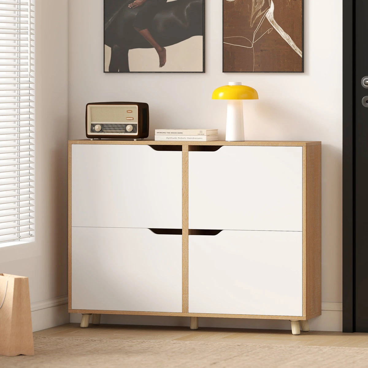 Brand new Modern Wood Shoe Cabinet with Flip Drawers - White/Oak - photo 2