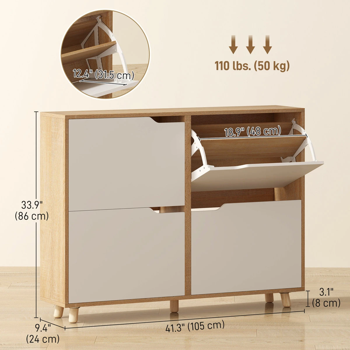 Brand new Modern Wood Shoe Cabinet with Flip Drawers - White/Oak - photo 5
