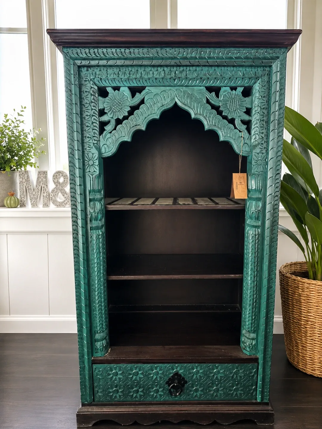 Teal Carved Wood Dining hutch with Drawer