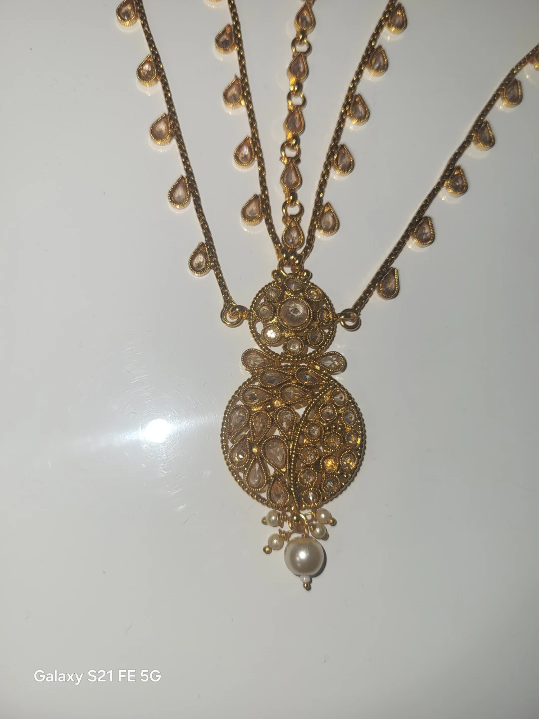 Gold Toned Maang Tikka with Pearl and Rhinestones