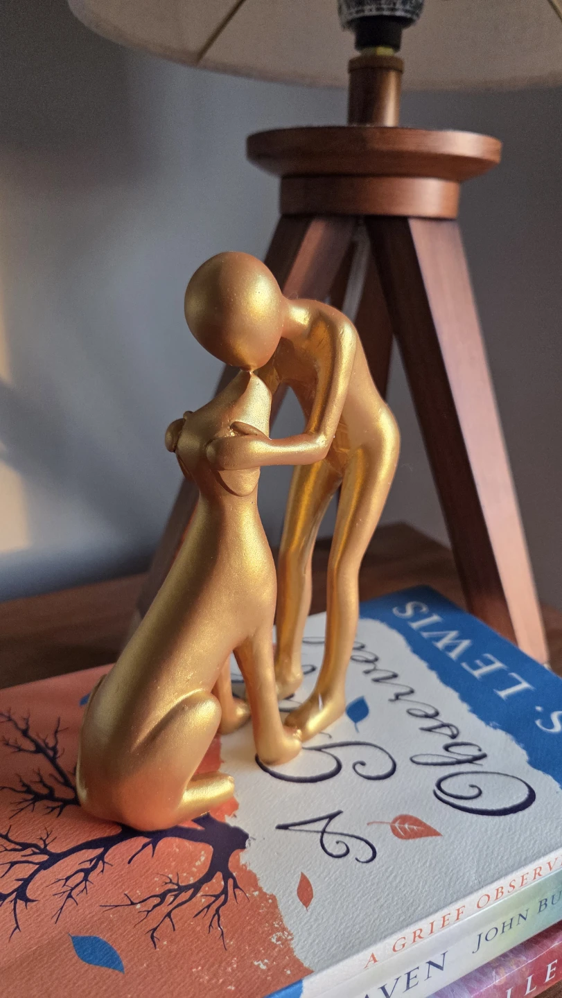 Bestfriend - Man & Dog Sandstone Gold Statue *new