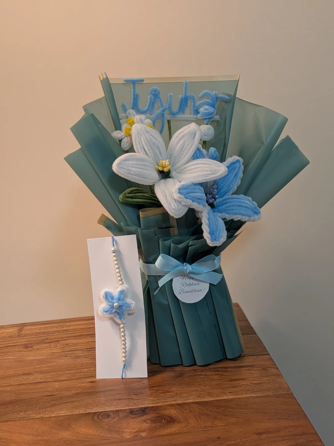 Nush customized Handmade Pipe Cleaner Flower Bouquet with Rakhi
