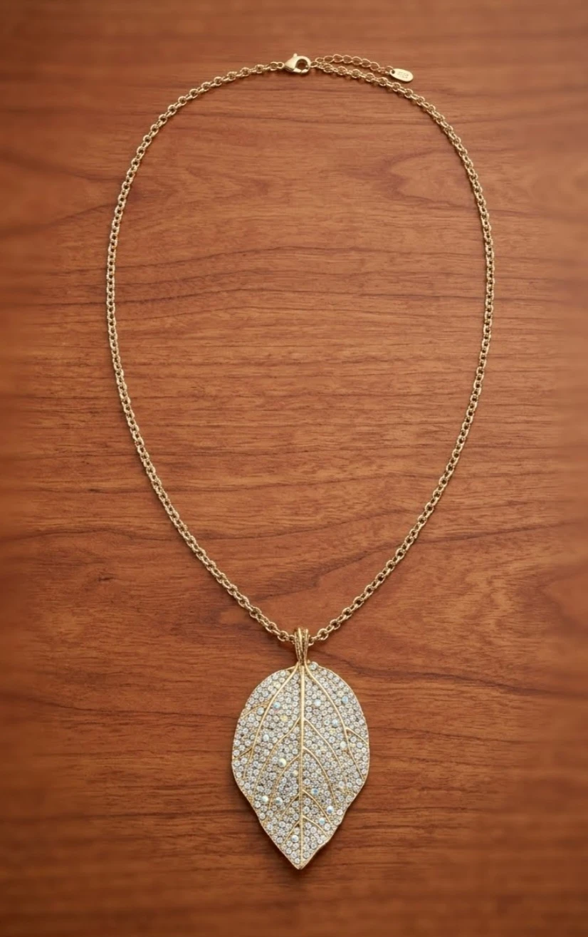Gold-Tone Crystal Leaf Pendant Necklace