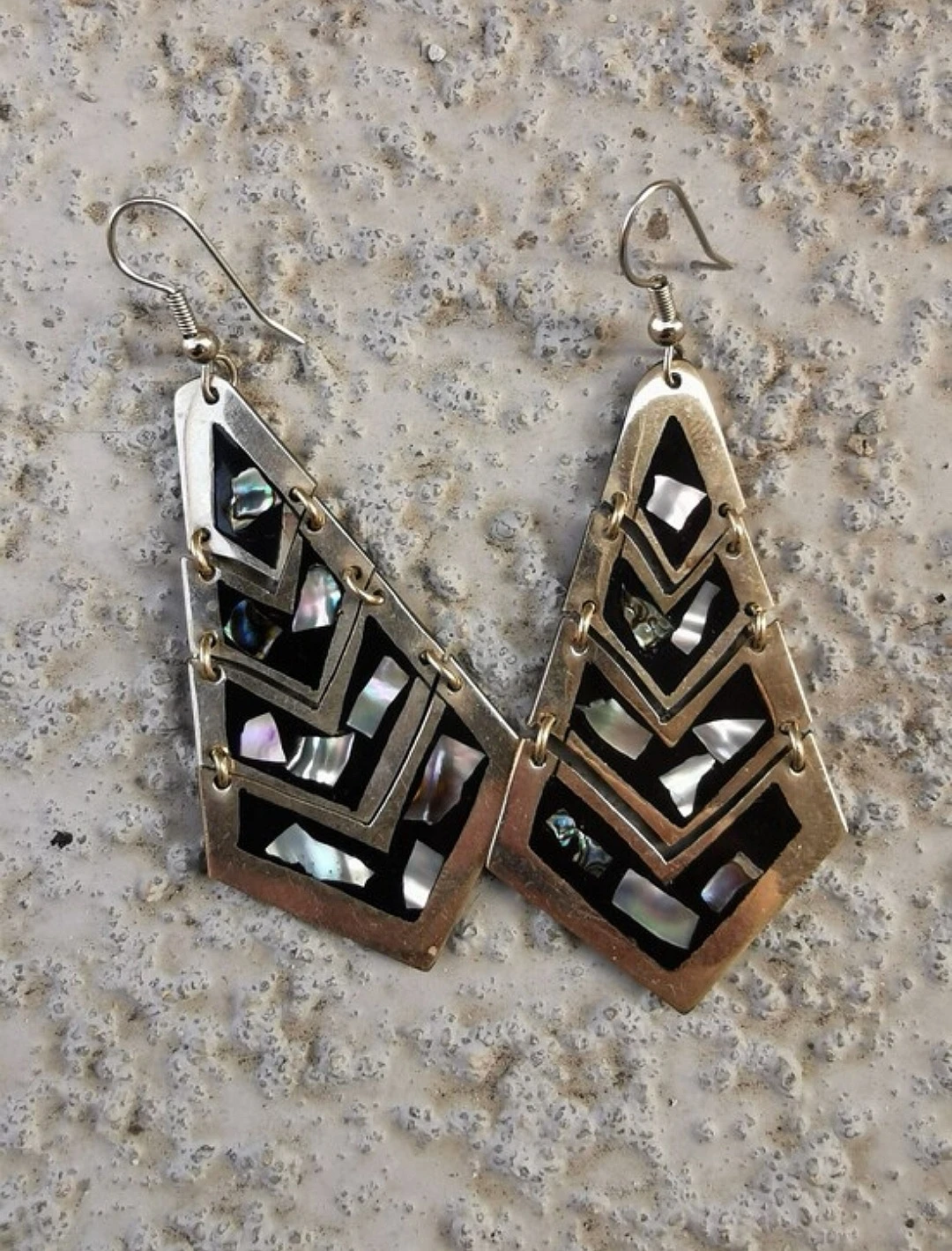 Vintage Mexican Alpaca Abalone Shell Inlay Dangle Earrings - photo 5