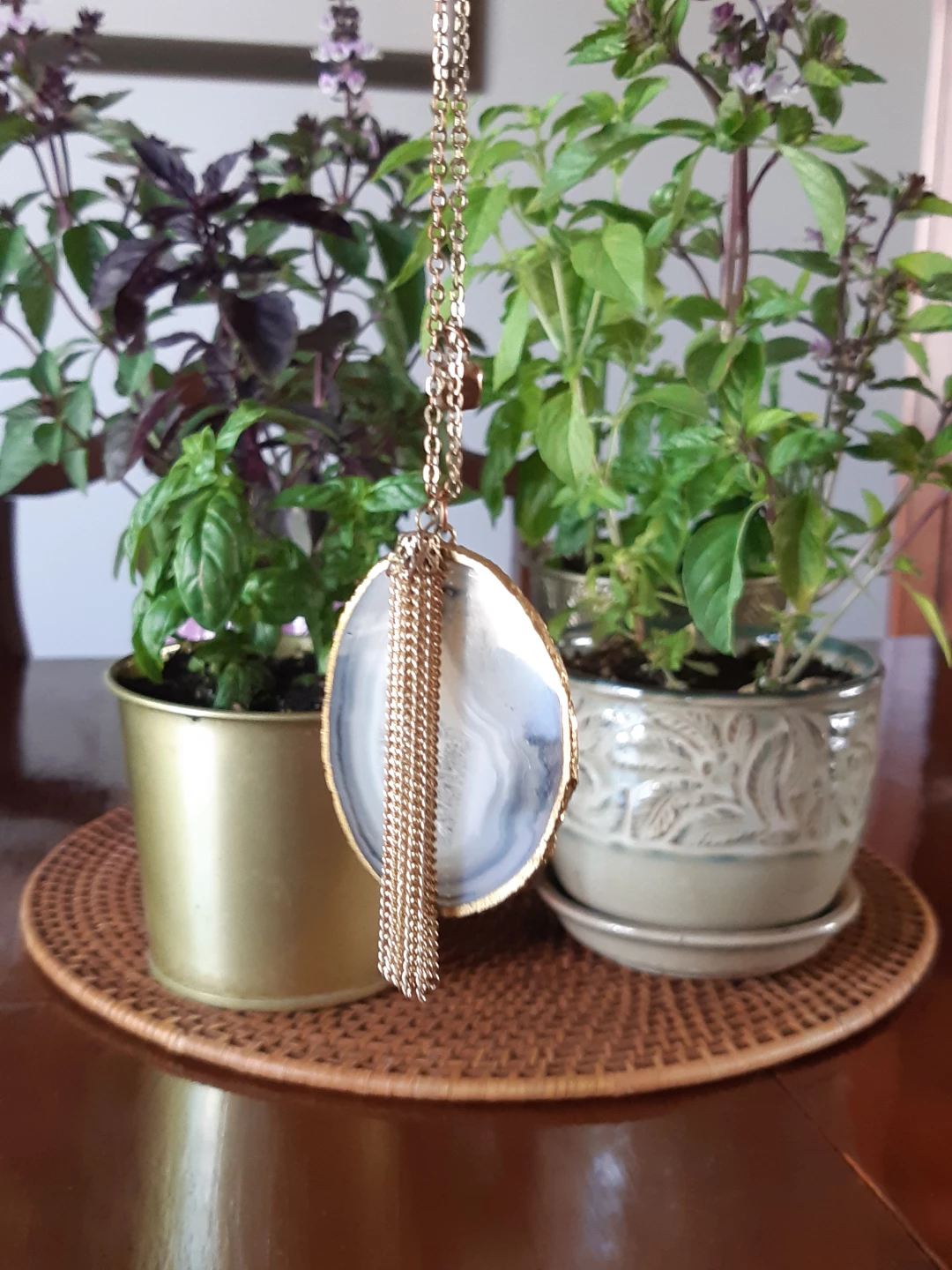 gold-tone chain Agate slice Pendant necklace - photo 3