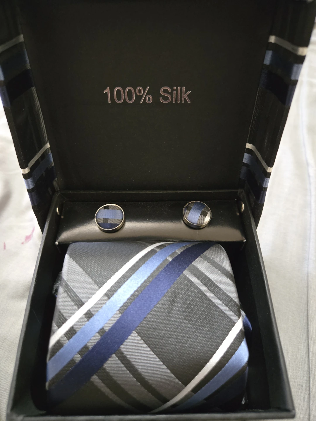 Blue and grey plaid silk necktie set with cufflinks - photo 2