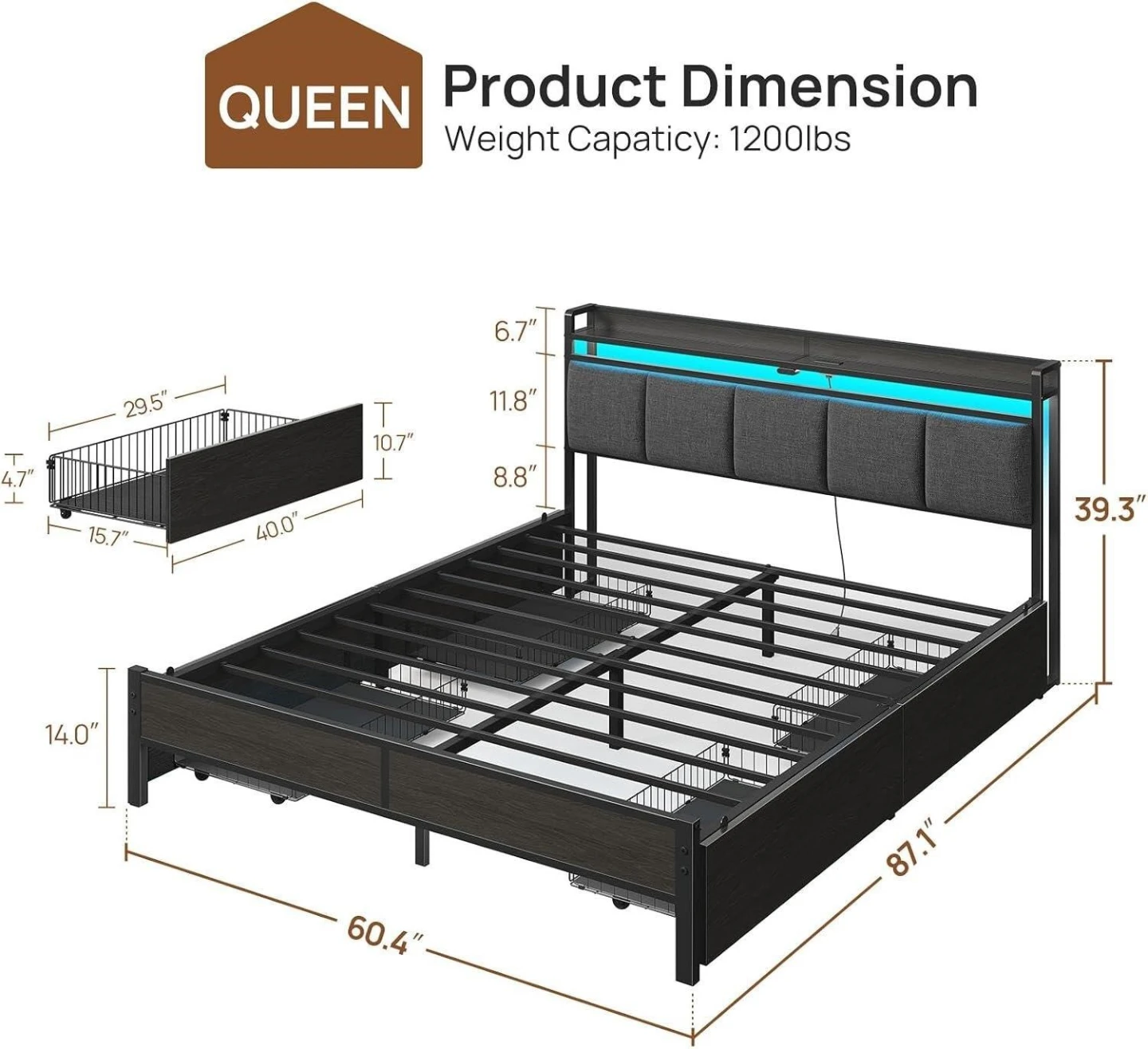 Queen Size Bed Frame with RGB Headboard & 4 Storage Drawers - photo 2
