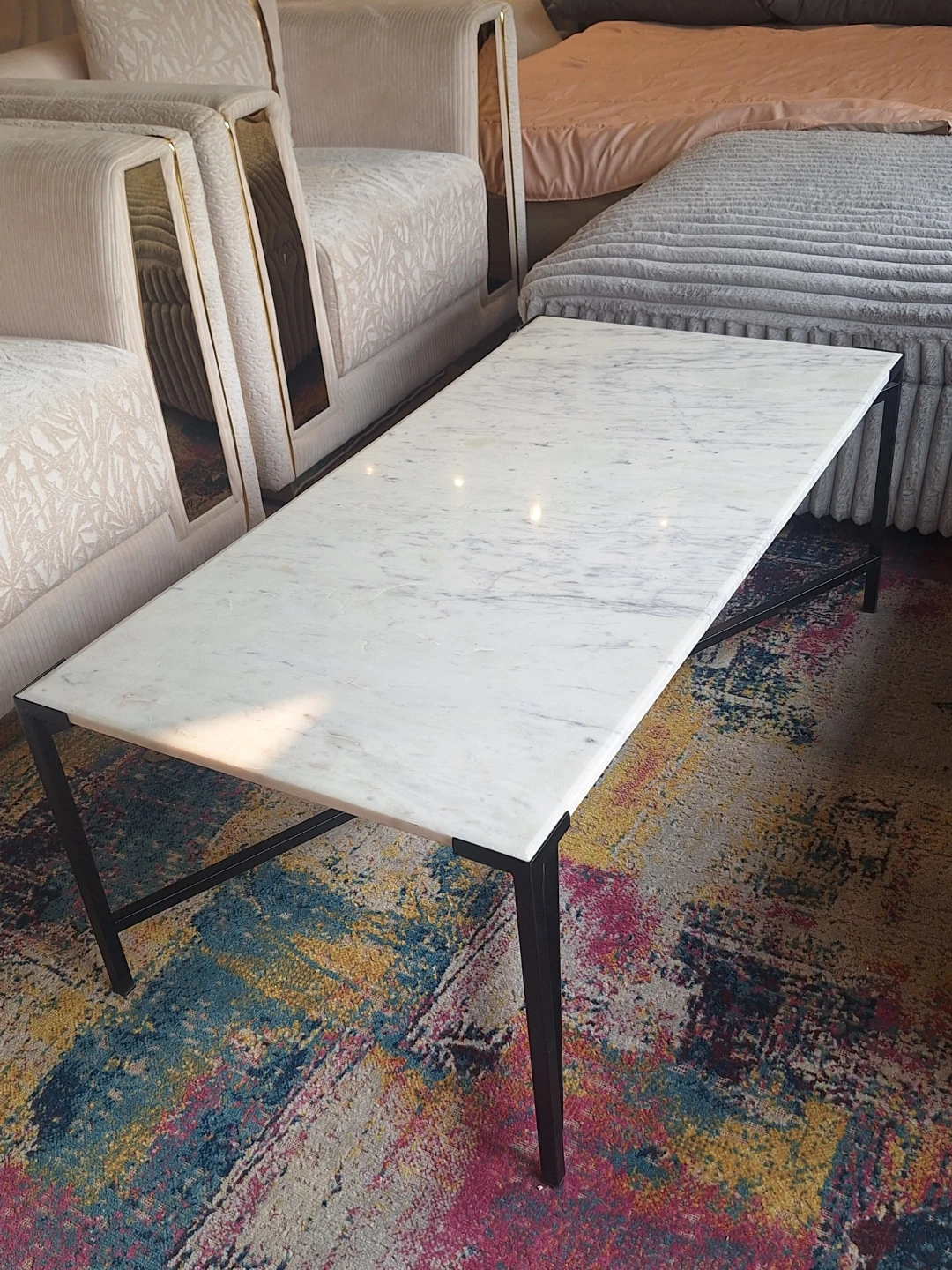 Marble Top Coffee Table with Black Metal Legs