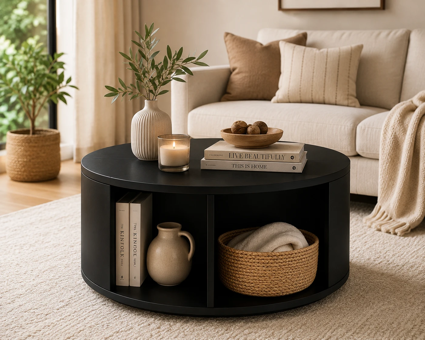 Black Round Coffee Table with Storage