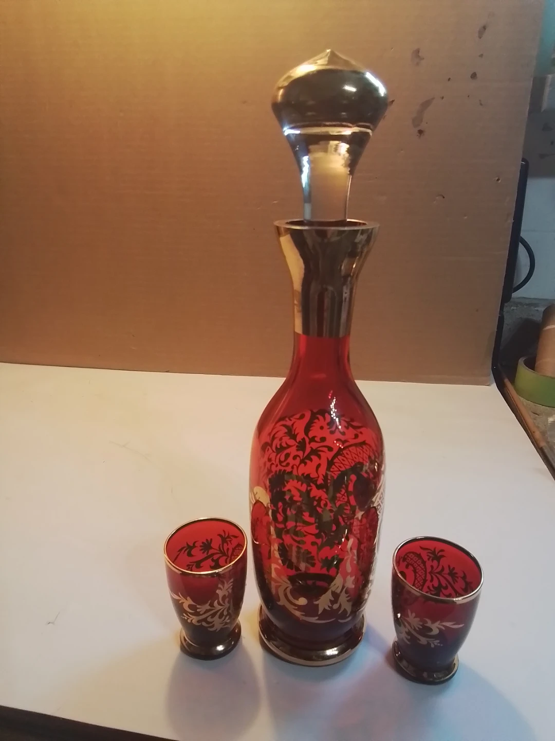 Vintage Mid-Century Bohemian Ruby Red Glass Decanter & 2 - photo 4